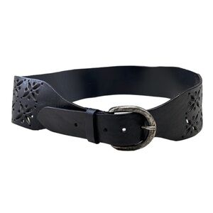 Garnet Hill Leather Belt Floral Cut Design Black Leather Made in Italy 42"